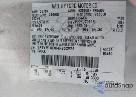 2004 Ford Ranger Xl/Xlt from USA, damaged, VIN 1FTYR10D04PB52925